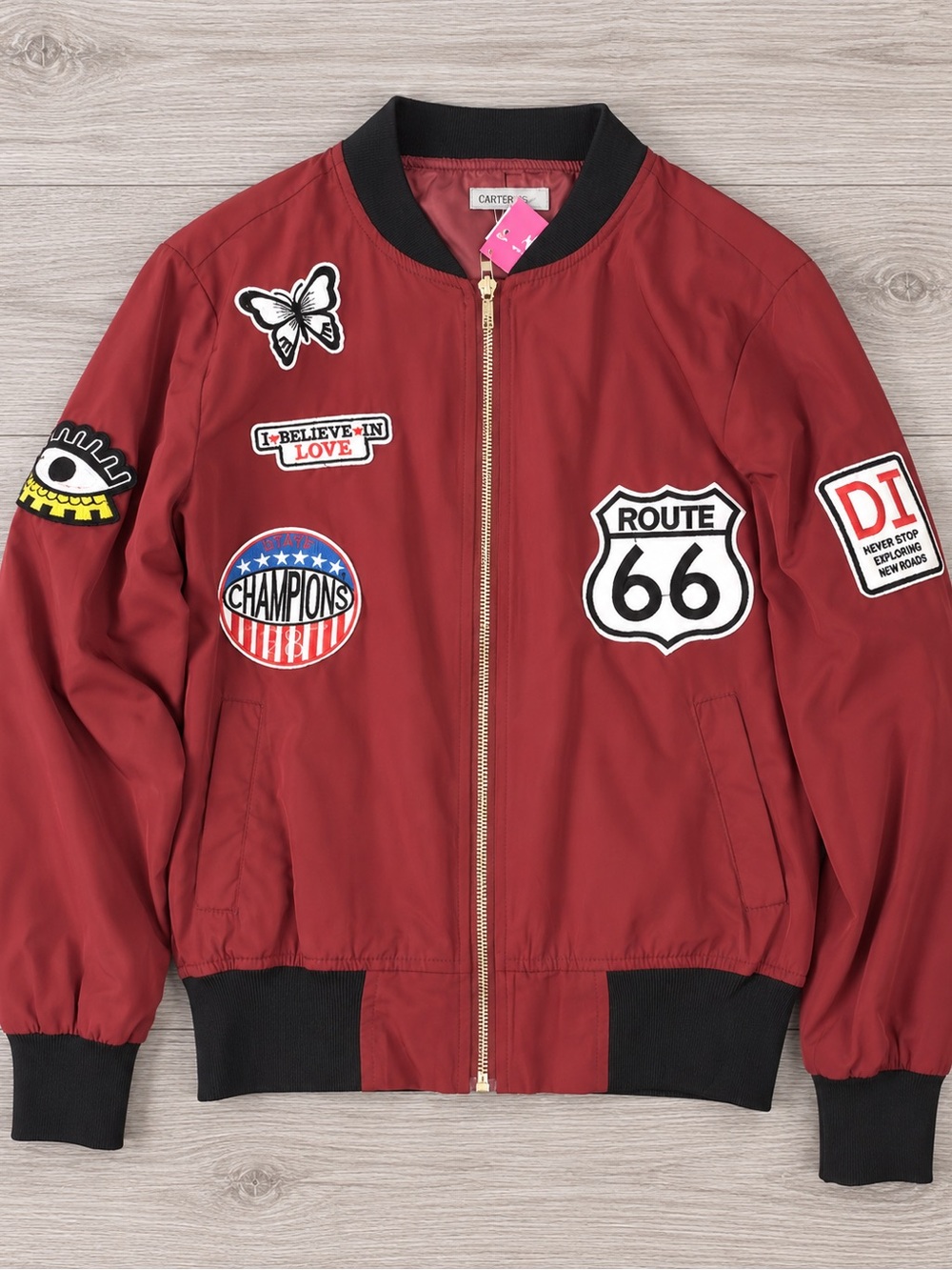 Casting LA Red Patchwork Bomber Jacket with Route 66 Patches